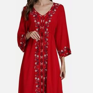 Shineflow Women Dress Small BOHO Red Blue White Floral Embroidered Peasant Long
